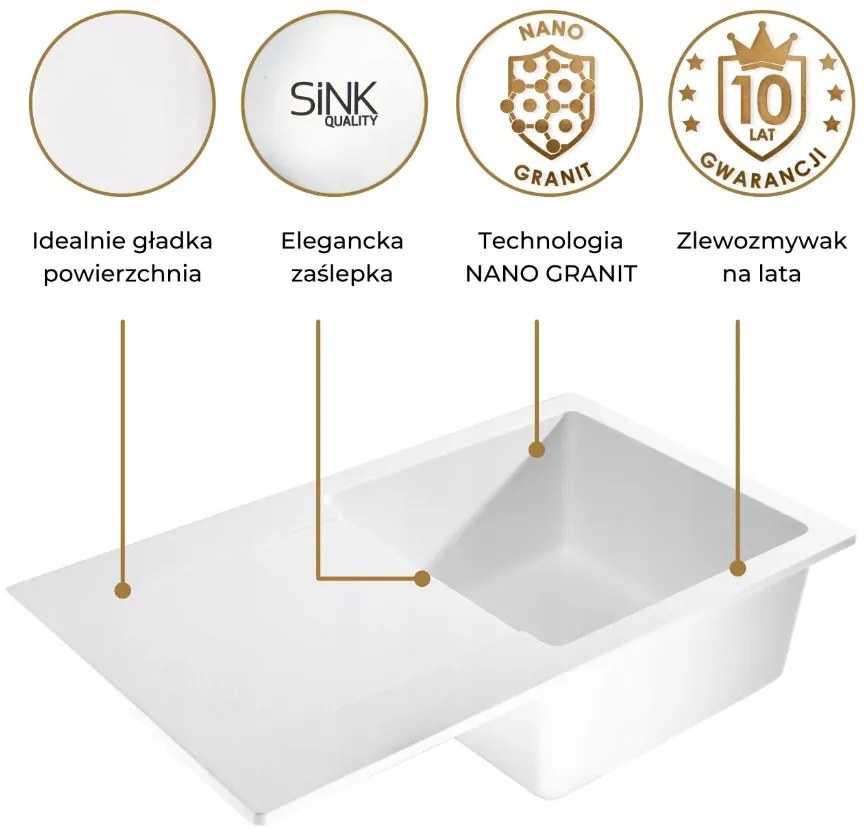 Sink Quality Ferrum, kuchynský granitový drez 770x450x190 mm + čierny sifón, biela, SKQ-FER.W.1KDO.XB