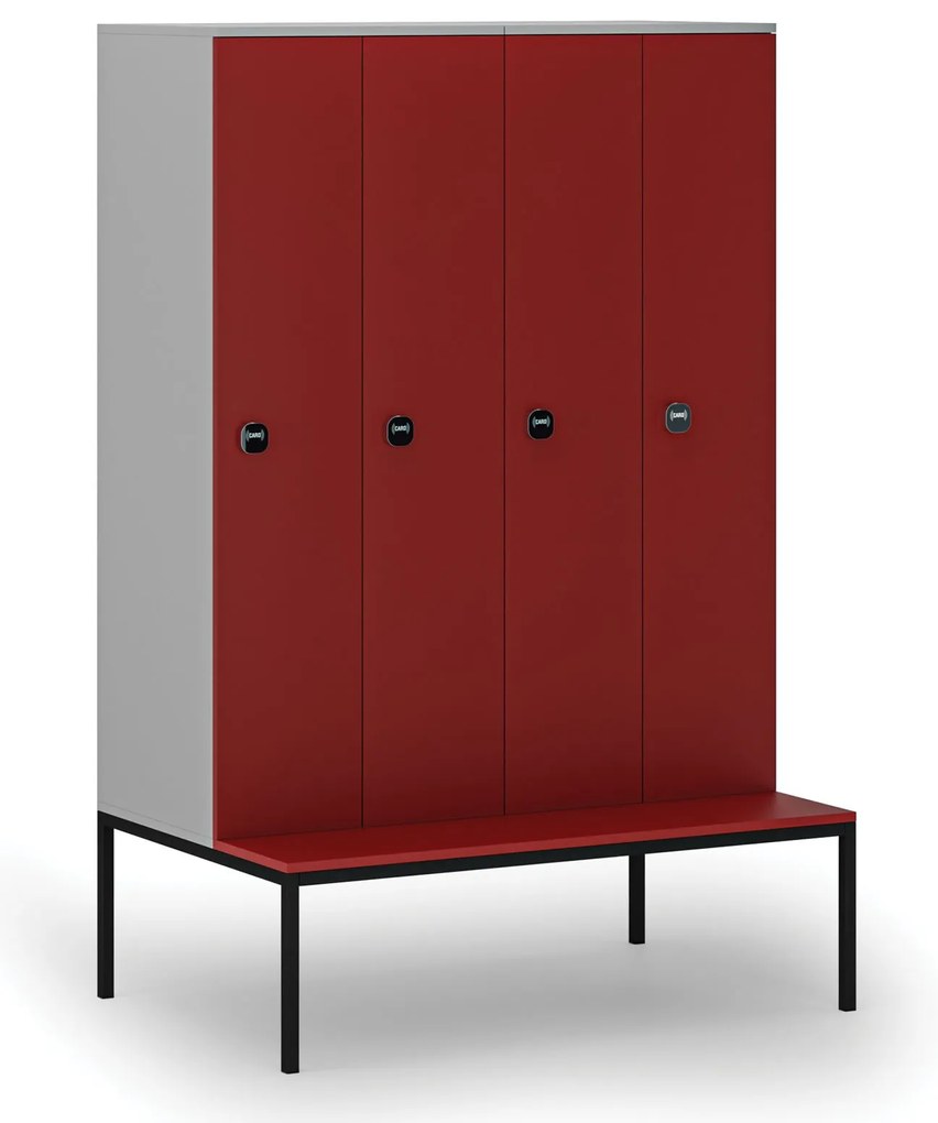 Drevená šatníková skrinka s lavičkou, 4 oddiely, 1871 x 1200 x 500/800 mm, demont, RFID zámok, sivá / červená
