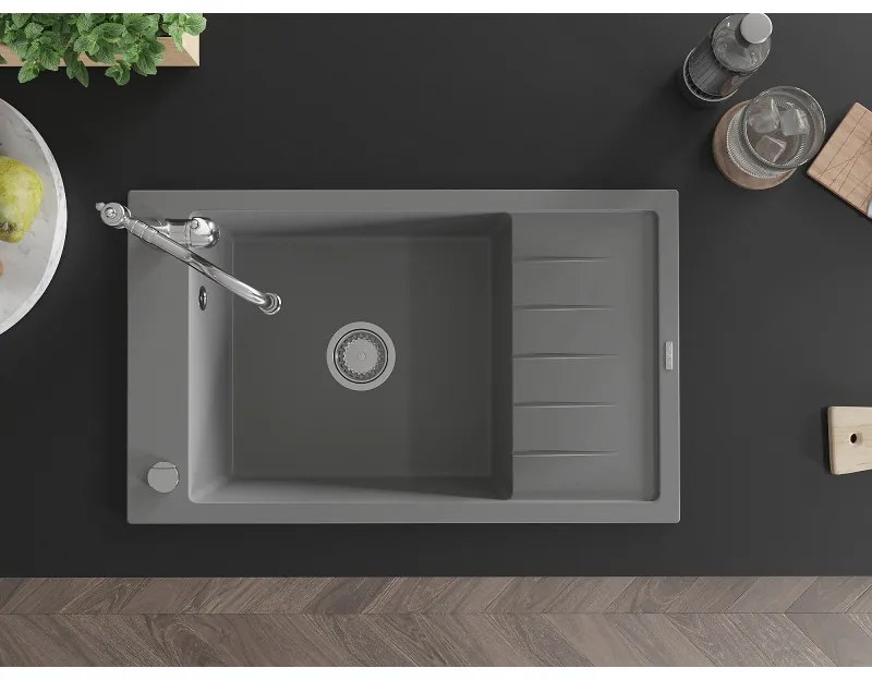 Mexen Elias, granitový drez 795x480x200 mm, 1-komorový a drezová batéria Carla, šedá, 6511-71-670700-00