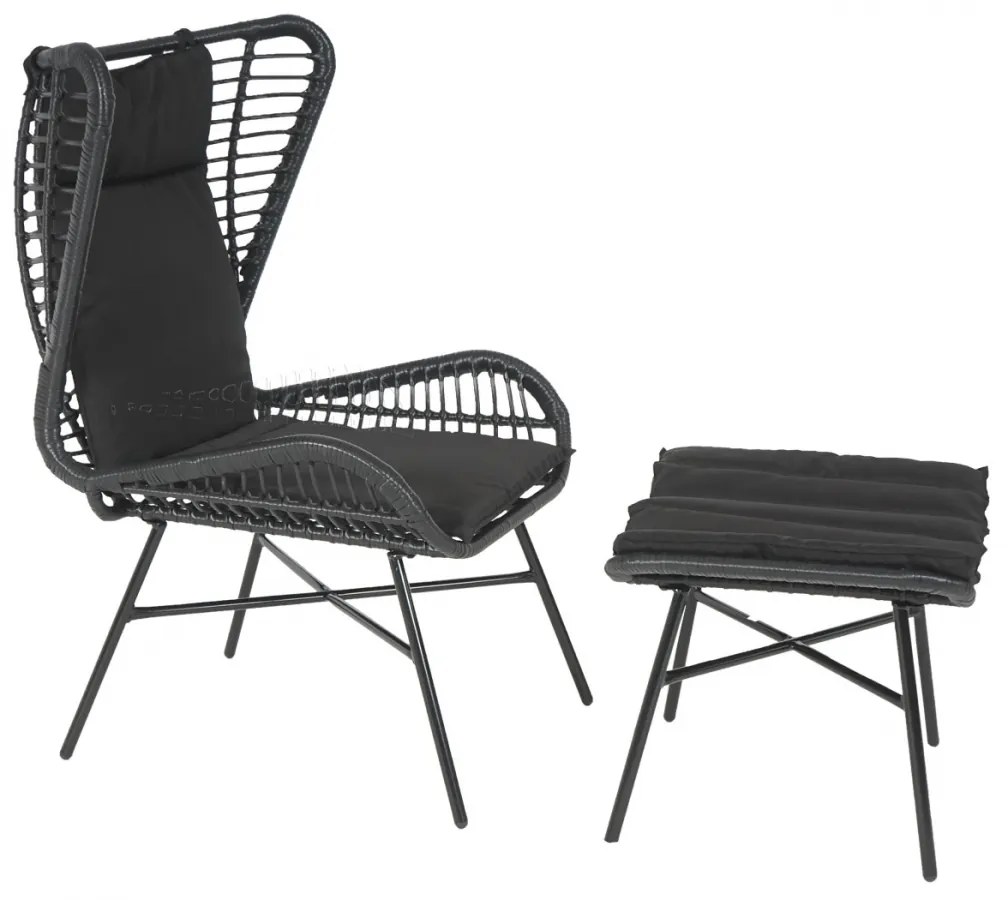 Kreslo s podnožkou HWC-G17b, polyratan - antracit, vankúš antracit