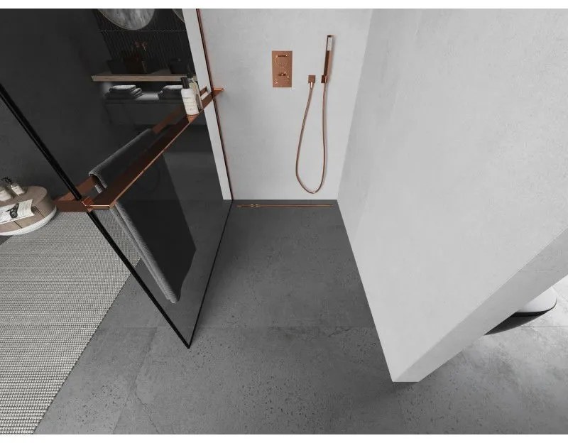 Mexen Kioto+ L, sprchová zástena Walk-In s poličkou a vešiakom 90 x 200 cm, 8mm číre sklo čierny vzor, ružové zlato profil, 800-090-123-60-70