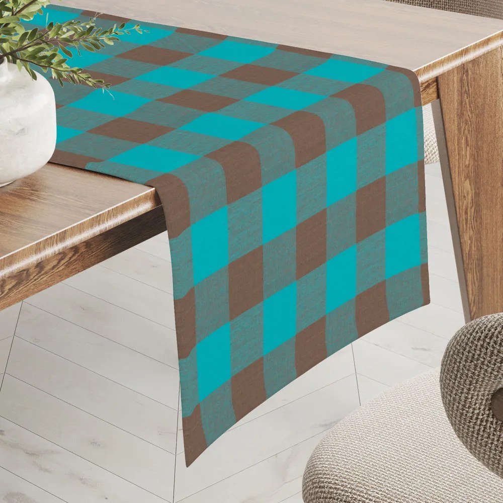 Biante Bavlnený behúň na stôl Olivia OL-018 Tyrkysovo-hnedá kocka veľká 45x140 cm