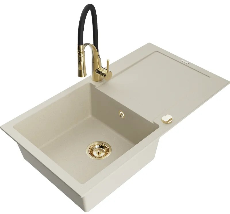 Mexen Leo, granitový drez 900x500x190 mm, 1-komorový a drezová batéria Aster, béžová, 6501-69-73450-57-G
