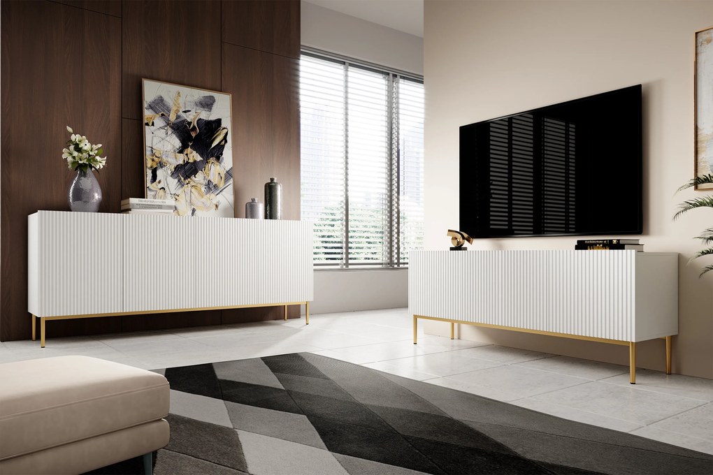 TV stolík Nicole 150 cm - biely mat / zlaté nožičky