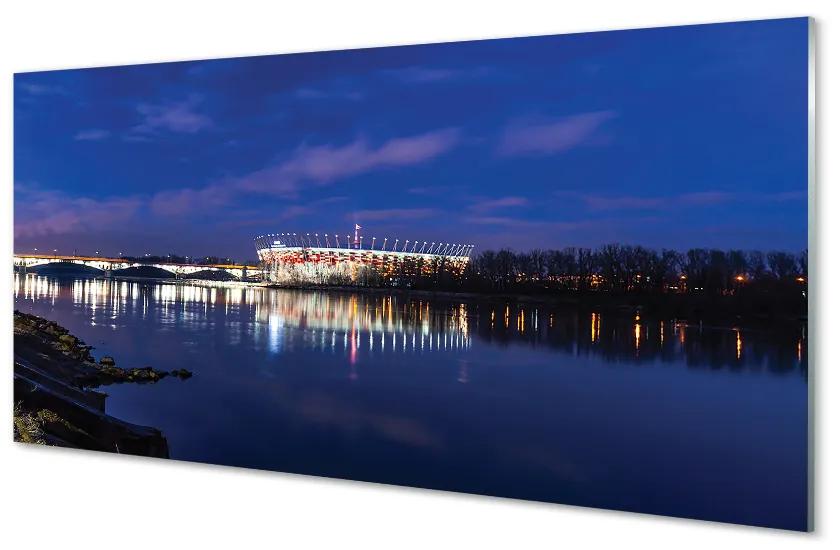 Sklenený obraz Varšavský štadión river most v noci 125x50 cm