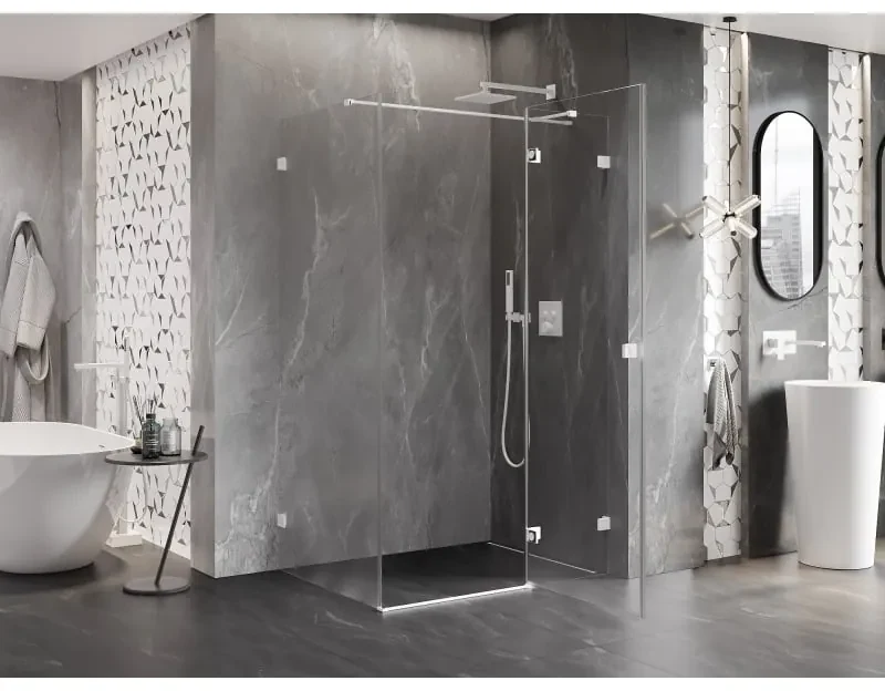 Mexen Lunar T, sklopný sprchový kút pravý 135 x 110 cm, 8mm číre sklo, biely profil, 834T-135-110-20-00-P