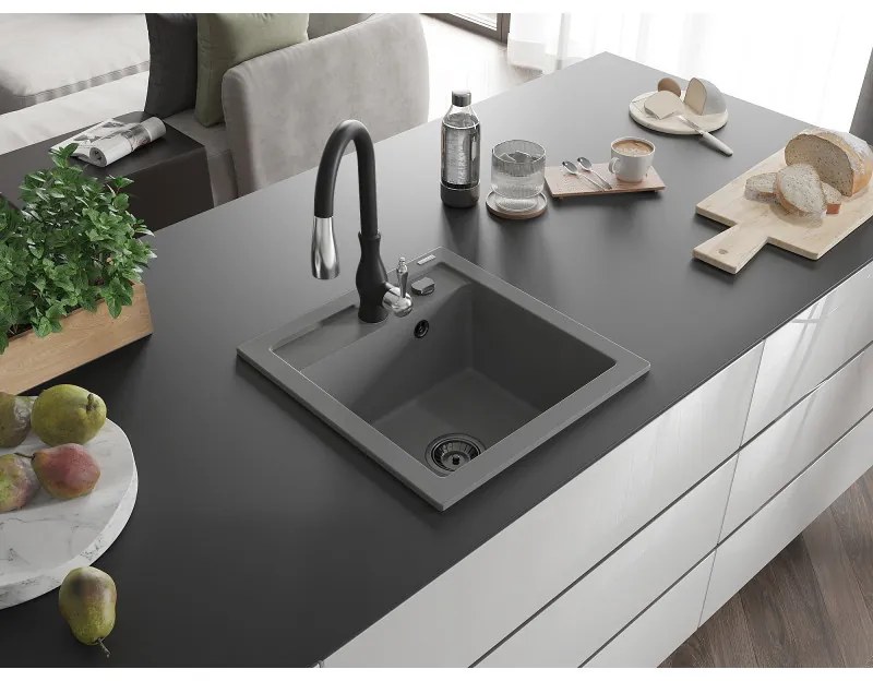 Mexen Vito, 1-komorový granitový drez 520x490x210 mm a drezová batéria Savita, šedá, 6503-71-672601-70-B