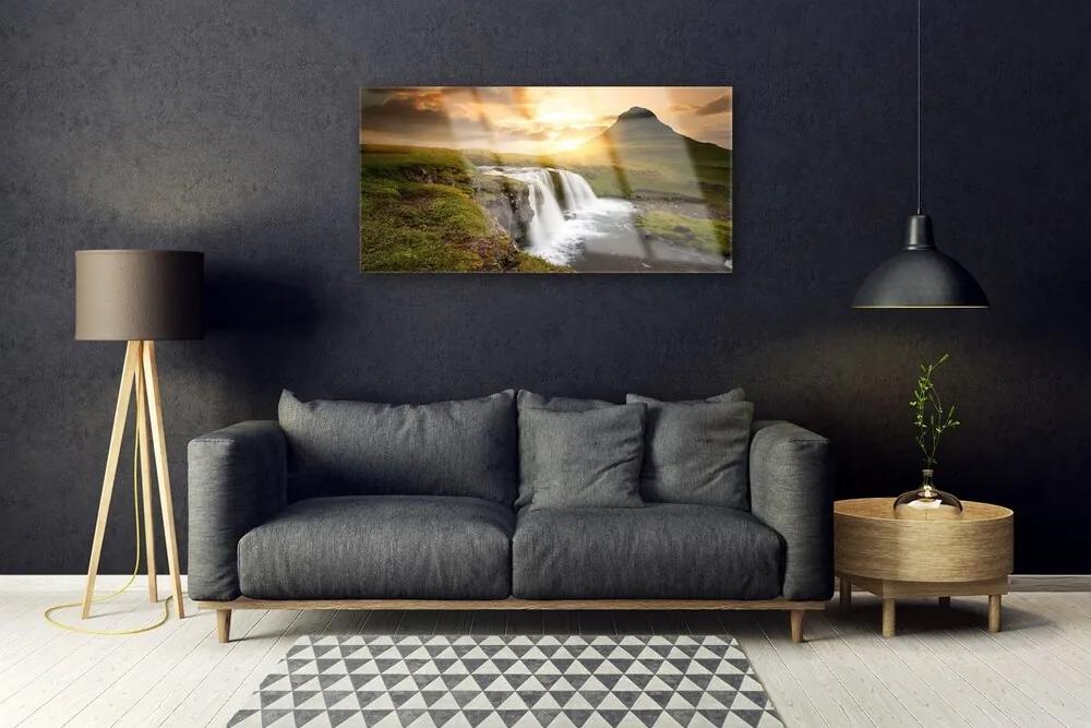 Skleneny obraz Hory vodopád príroda 125x50 cm