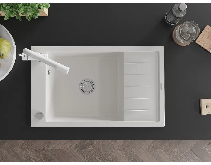 Mexen Elias, 1-komorový granitový drez s odkvapkávačom 795x480x200 mm a biela batéria Duero, biela, 6511-20-671600-20