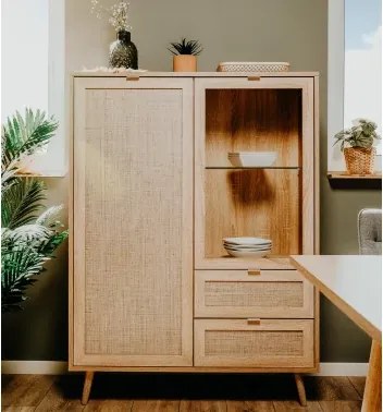 Vysoká skrinka s presklením Bali, dub sonoma/výplet%