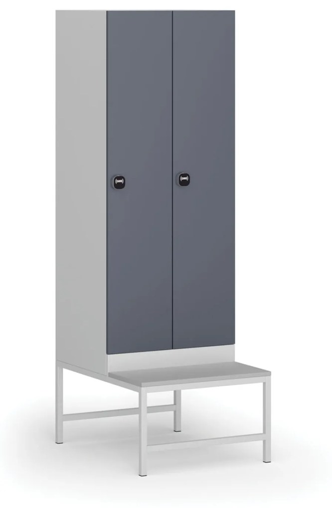 Šatníková skrinka s lavičkou, 2 oddiely, 1875 x 600 x 500/800 mm, zámok s čítačkou RFID kariet, tmavosivé dvere