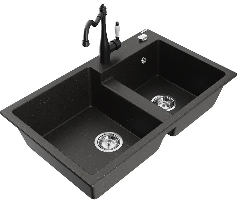 Mexen Tomas, granitový drez 800x500x190 mm, 2-komorový a drezová batéria Carla, čierna-zlatá metalíza, 6516-75-670700-70