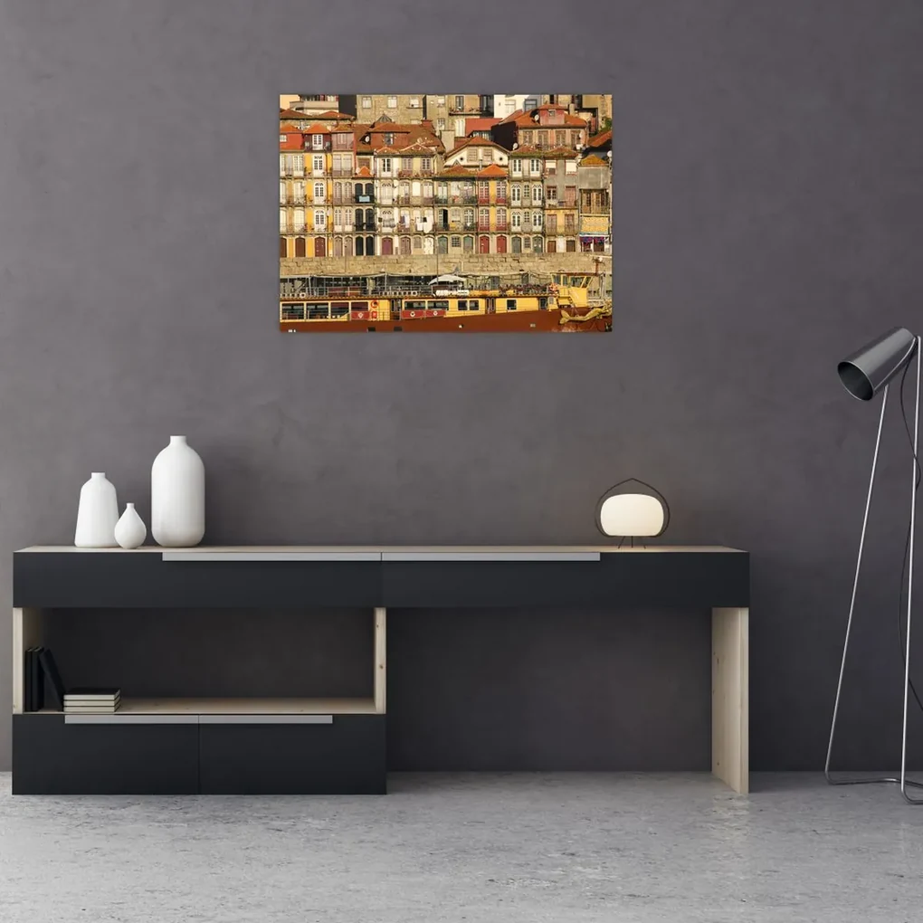 Sklenený obraz - Nábrežná štvrť, Portugalsko (70x50 cm)