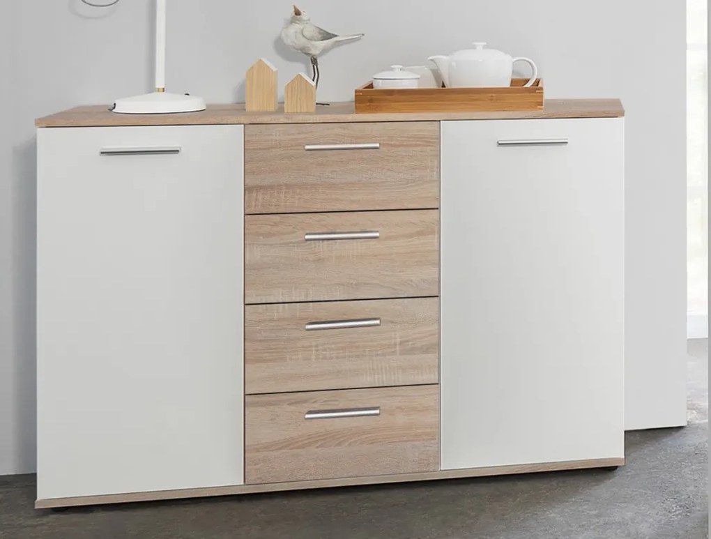 Komoda so 4 zásuvkami Jacky, dub sonoma/biela