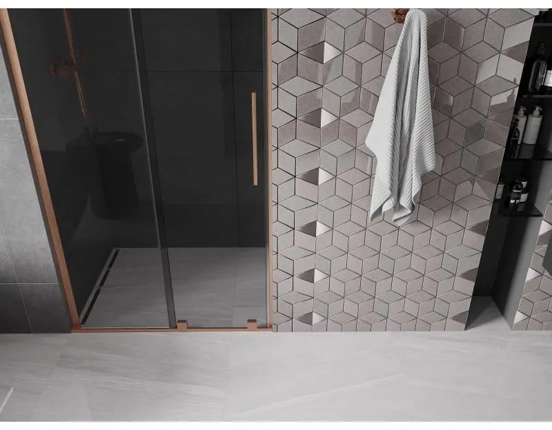Mexen Velar L, posuvné sprchové dvere do otvoru 120 cm, 8mm šedé sklo, medená matná, 871-120-003-41-65