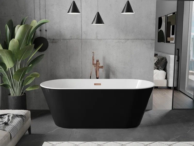 Mexen Flavia, voľne stojaca vaňa 160 x 75 cm, biela-čierna, ružové zlato prepad, 54031608075-60