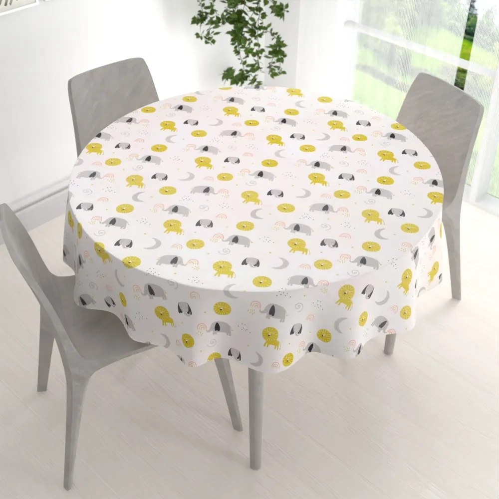 Biante Detský bavlnený okrúhly obrus Sandra SA-649 Slony a levy na bielom Ø 40 cm