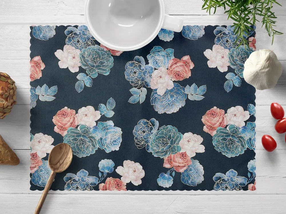 Biante Teflónové prestieranie na stôl TF-060 Modré a červené ruže na tmavo modrom 30x40 cm