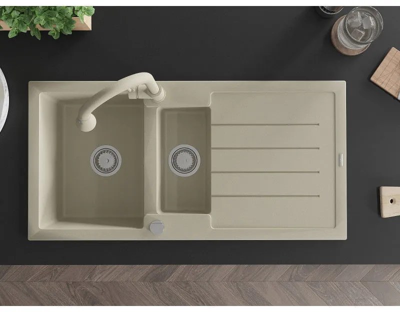 Mexen Andres, 1,5-komorový granitový drez 1000x500x200 mm a drezová batéria Elia, béžová, 6515-69-670101-69