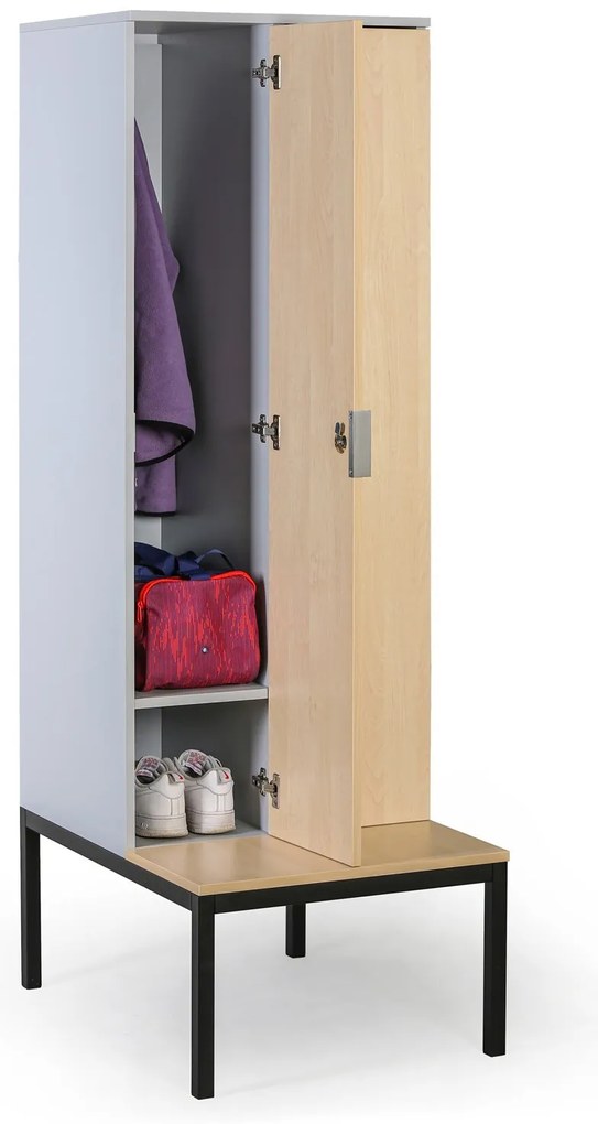 Drevená šatníková skrinka S4 s lavičkou, 4 oddiely, 1871 x 1200 x 500/800 mm, demont, mechanický kódový zámok, sivá/zelená