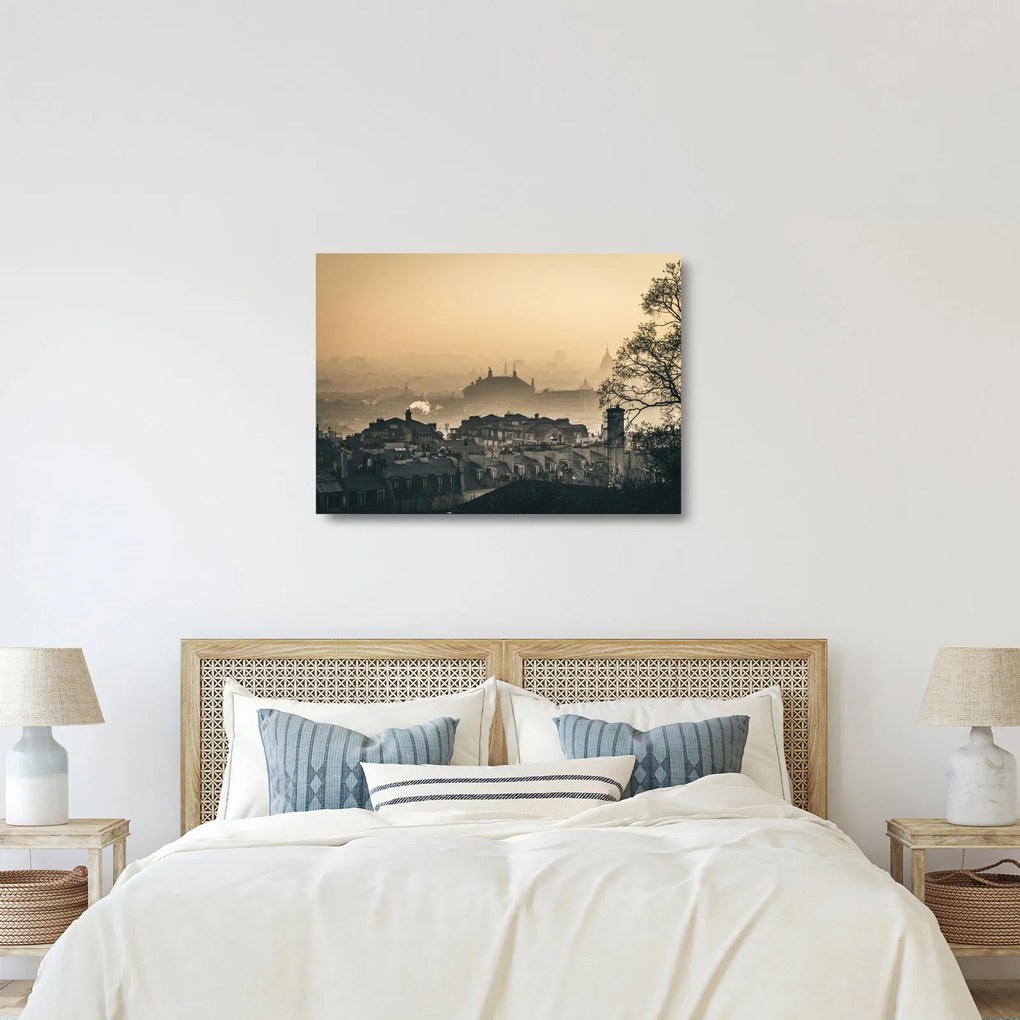 Sklenený obraz - Mesto pod hmlou (70x50 cm)