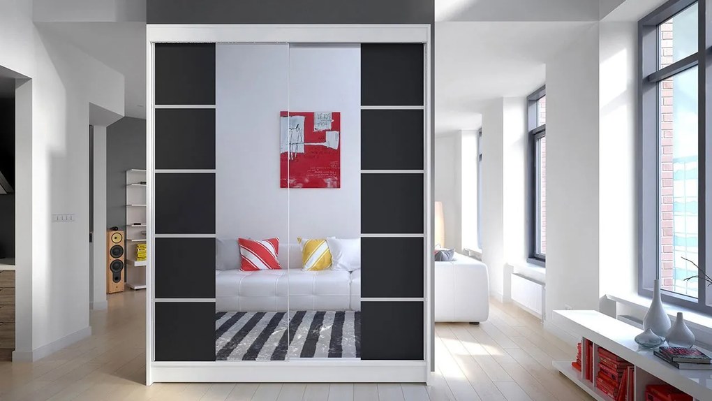 Posuvná skriňa Belgia V, Farby: čierna / čierna + zrkadlo, Osvetlenie: osvetlenie LED RGB - farebné