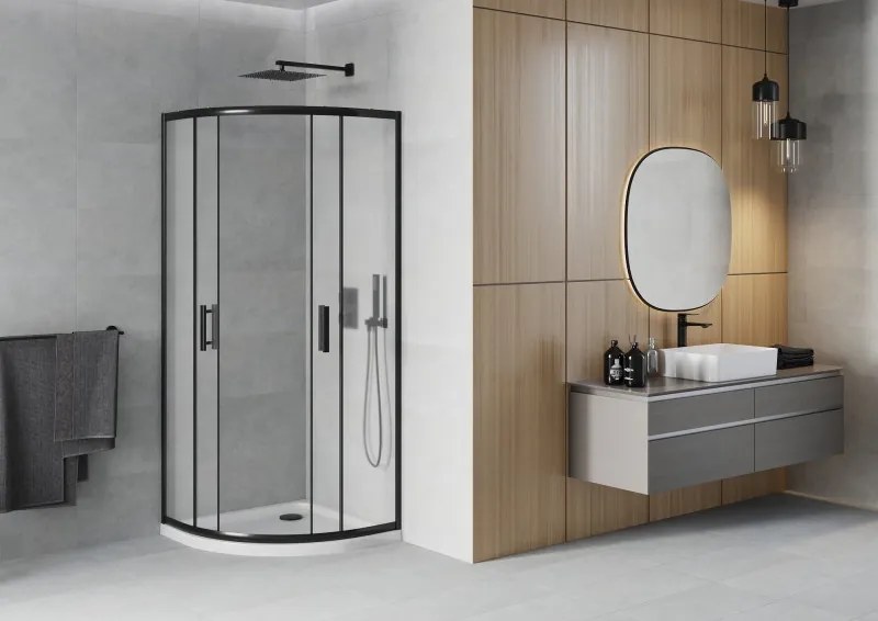 Mexen Rio, štvrťkruhový sprchovací kút s posuvnými dverami 80(dvere) x 80(dvere) x 190 cm, 6mm sklo námraza, čierny profil + biela sprchová vanička SLIM, 863-080-080-70-30-4110B