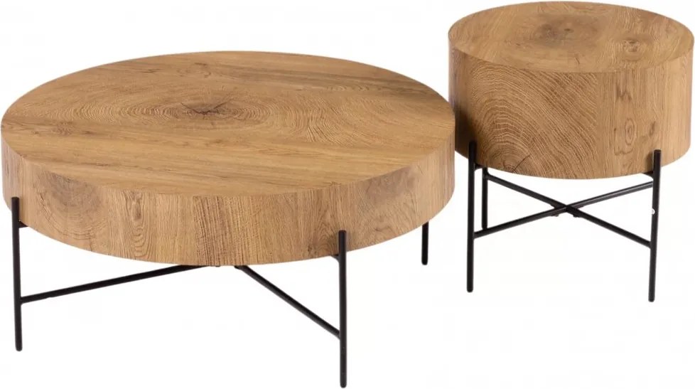 Sada okrúhlych konferenčných stolíkov Liviano 80 a 45 cm - prírodný dub / čierny
