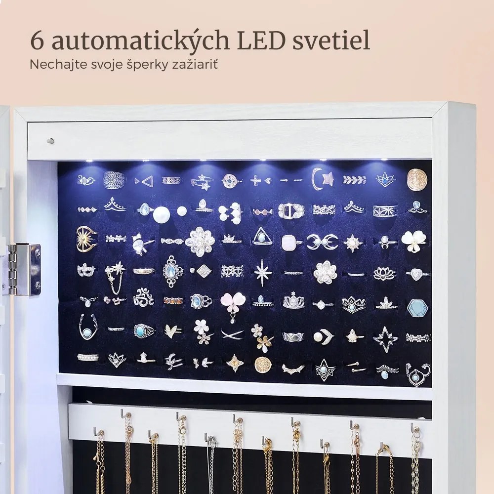 Nástenná šperkovnica so zrkadlom JEWELIA s LED osvetlením, 10x37x120cm, biela SongmicsHome