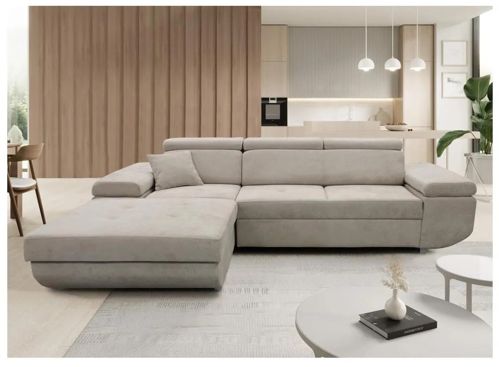 Rozkladacia rohová sedacia súprava s úložným priestorom do L CASTELO ľavá sivá