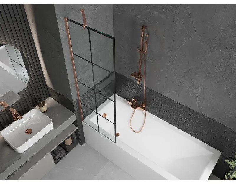 Mexen Next, 1-krídlová vaňová zástena 60 x 150 cm, 6mm číre sklo - čierny vzor, medená matná, 895-060-000-00-70-77