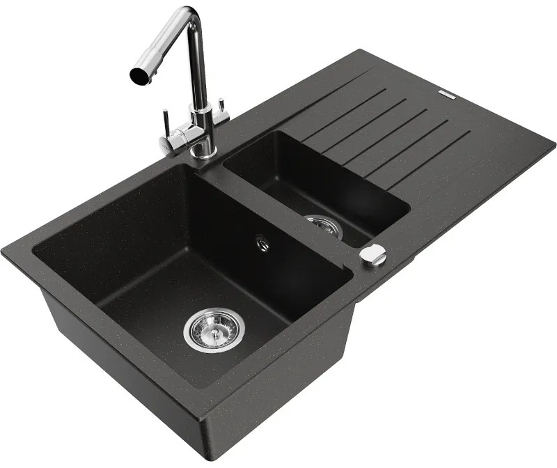 Mexen Matias, granitový drez 900x505x200 mm, 1,5-komorový a chrómová batéria Duero, čierna-zlatá metalíza, 6502-75-671600-00