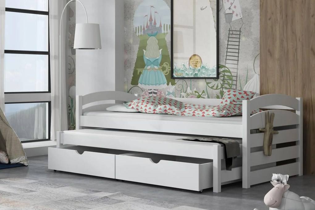 Detská posteľ z masívu borovice MONI s prístelkou a šuplíky - 200x90 cm - BIELA