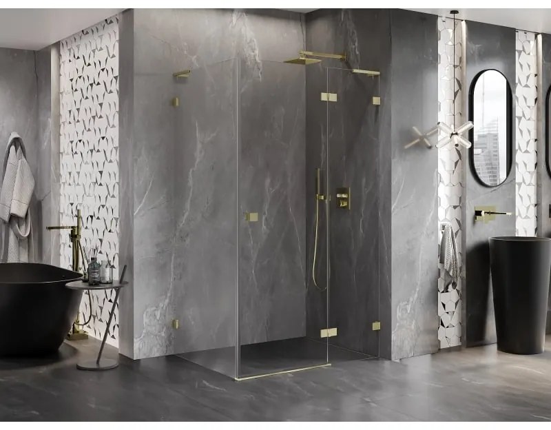 Mexen Lunar, L výklopný sprchový kút pravý 100 x 80 cm, 8mm číre sklo, zlatý kartáčovaný - 834L-100-080-55-00-P