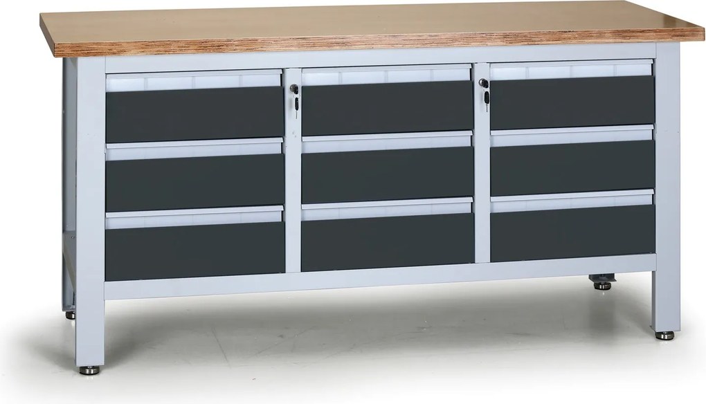 Pracovný stôl do dielne G6, 9 zásuviek, 1690 x 600 x 860 - 900 mm, grafit