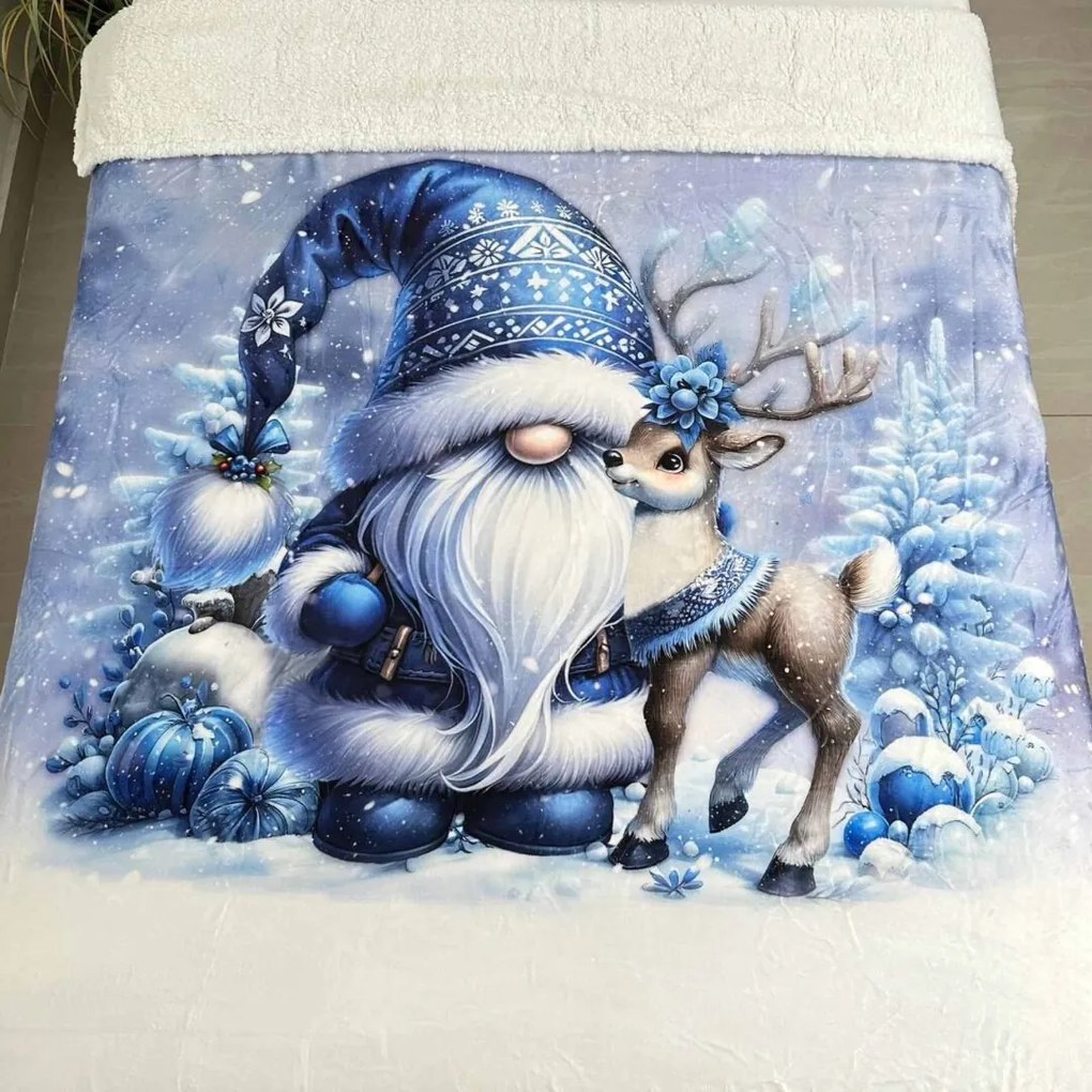 Vianočná deka luxury baranková z mikroplyšu Škriatok modrý 150x200cm TiaHome