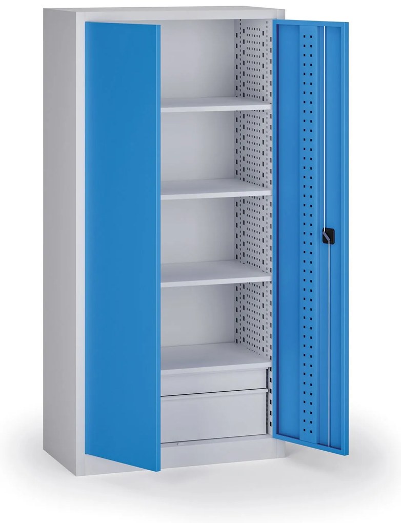 Policová dielenská skriňa 2-dverová, 4 police + 2 zásuvky, 1950 × 950 × 500 mm, modré dvere