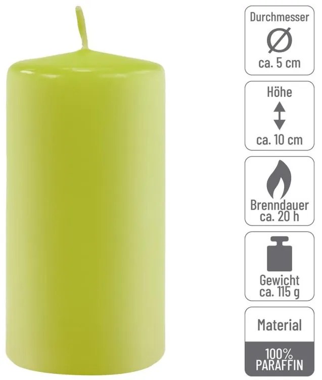Sada stĺpikových sviečok, 10 cm, Ø 5 cm, svetlozelená, 16 ks