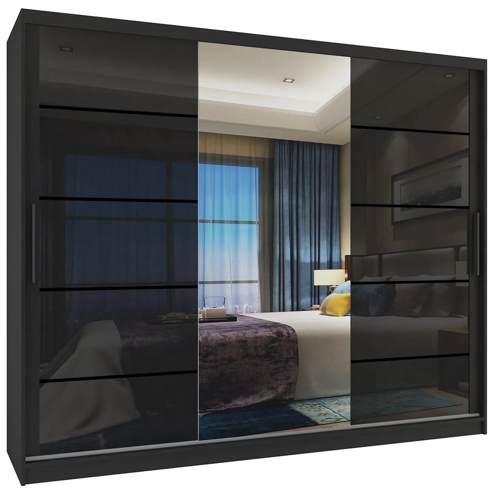 Šatníková skriňa 232 cm Belini čierny mat / čierny lesk s posuvnými dverami zrkadlom a zásuvkami  MGB SZP8/0/B/2B1L/KLP