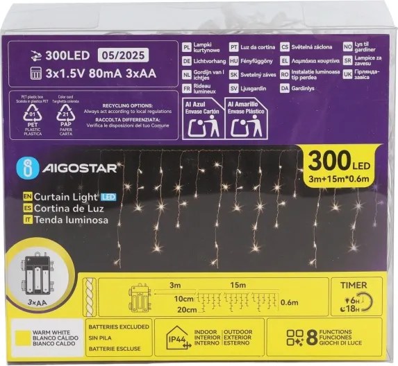Aigostar - LED vonkajší vianočný reťazec 300xLED/8 funkcií 3xAA 18x06m IP44 teplá biela