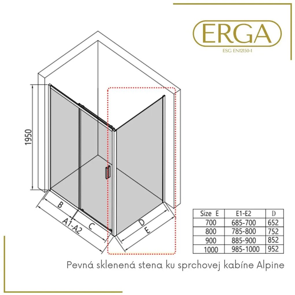 Erga Alpine, pevná stena pre sprchový kút 80x195 cm, 6mm číre sklo, čierny profil, ERG-V02-ALPINE-G080-BK