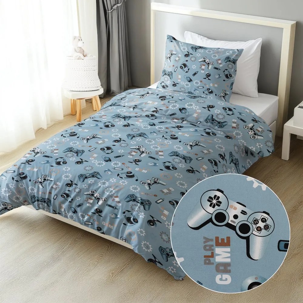 Biante Detské bavlnené posteľné obliečky Sandra SA-588 Play Game na modrom Predĺžené 140x220 a 70x90 cm