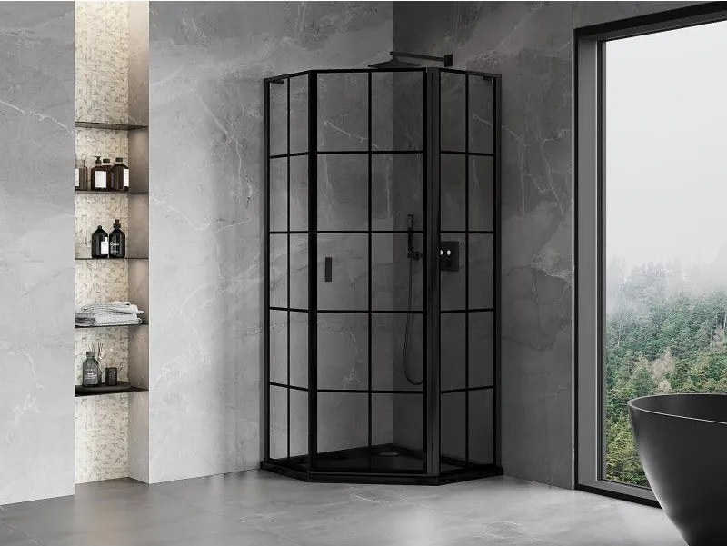 Mexen Mist L, päťuholníkový sprchový kút s krídlovými dverami, 80 x 80 cm, 8mm číre sklo, čierny profil, 8A8L-080-080-70-77-P