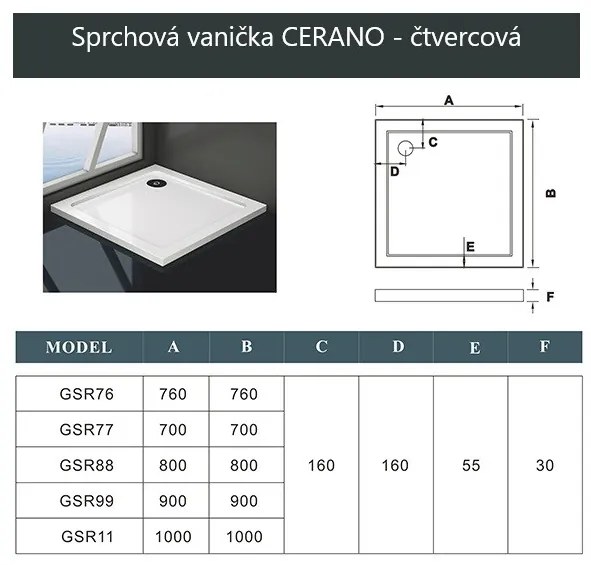 Cerano Piato, štvorcová sprchová vanička z liateho mramoru 100x100 cm, biela matná, CER-CER-476945
