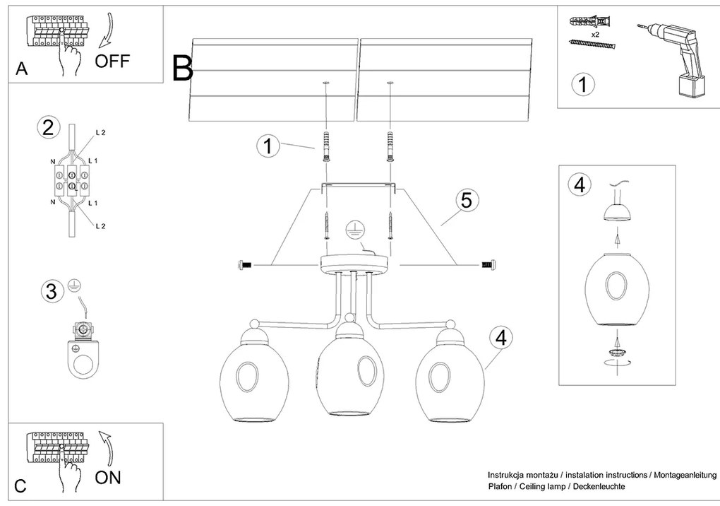 Stropné svietidlo Fillan, 3x grafitové sklenené tienidlo