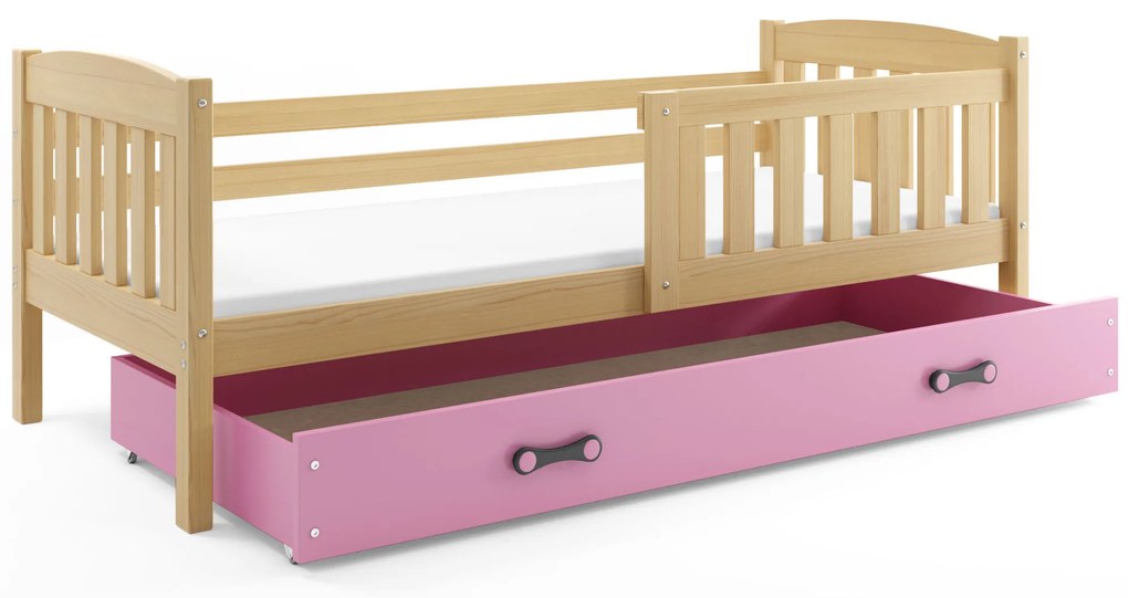 Interbeds Jednolôžková posteľ Kubus2 prírodná 190x90 s matracom a šuplíkom - ružová