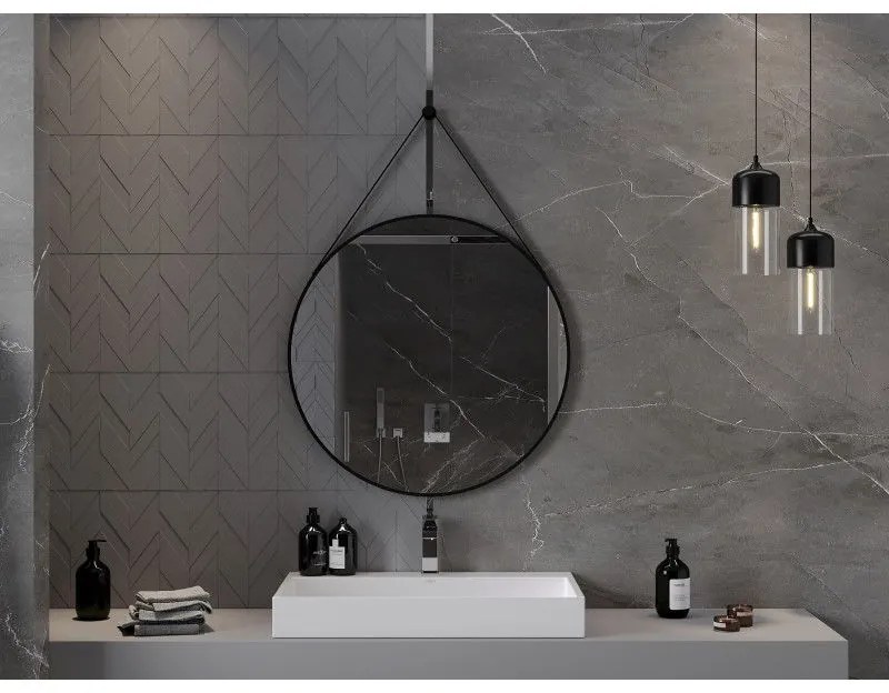 Mexen String, okrúhle kúpeľňové zrkadlo na pásiku 80 cm, farba rámu čierna matná, 9854-080-080-000-70