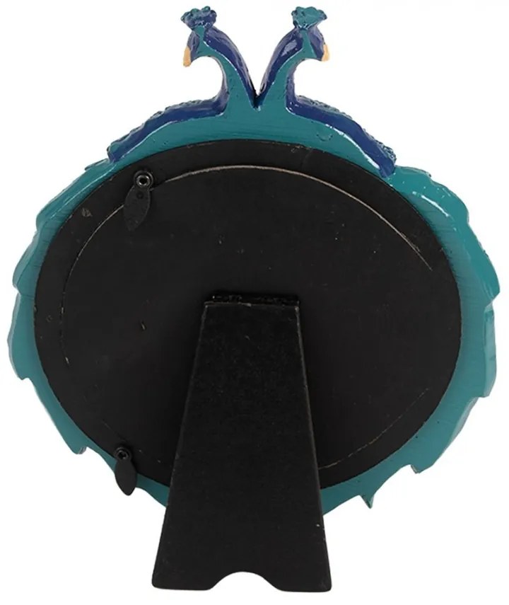 Modrý okrúhly fotorámik zdobený pávmi - 17*3*21 cm / Ø 13 cm