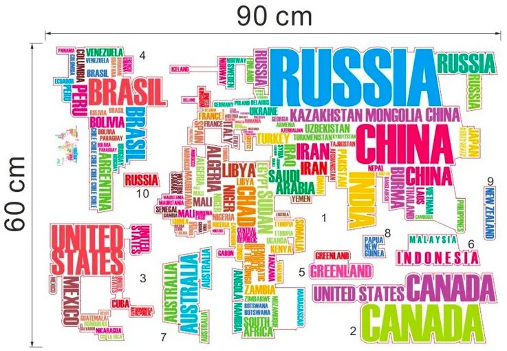 Samolepka na stenu "Mapa sveta 2 - farebná" 74x122cm