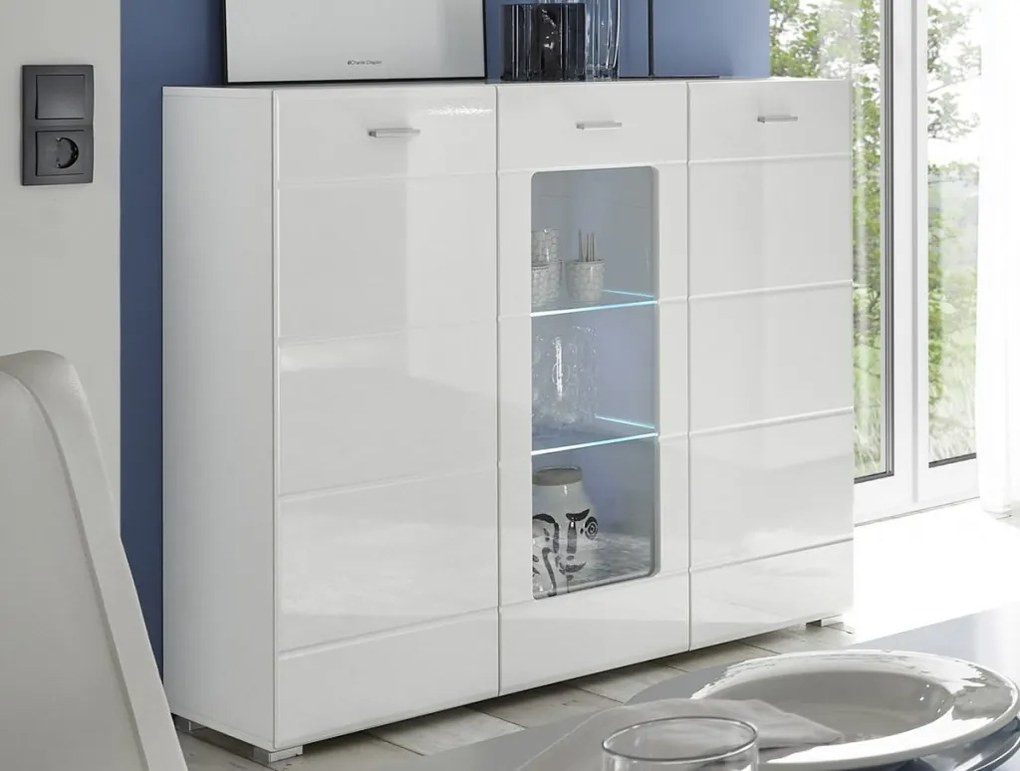 Vysoká komoda s presklením Enrique, biela lesk